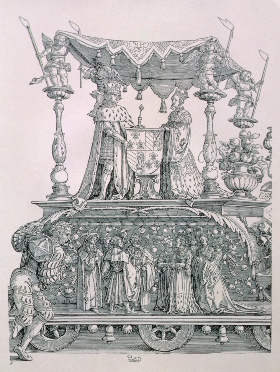 O Casamento da Borgonha ou a Procissão Triunfal do Imperador Maximiliano I da Alemanha (1459-1519) mostrando o carro de casamento de Maximiliano e Maria da Borgonha (1458-82), pub. 1526 (detalhe de Albrecht Dürer