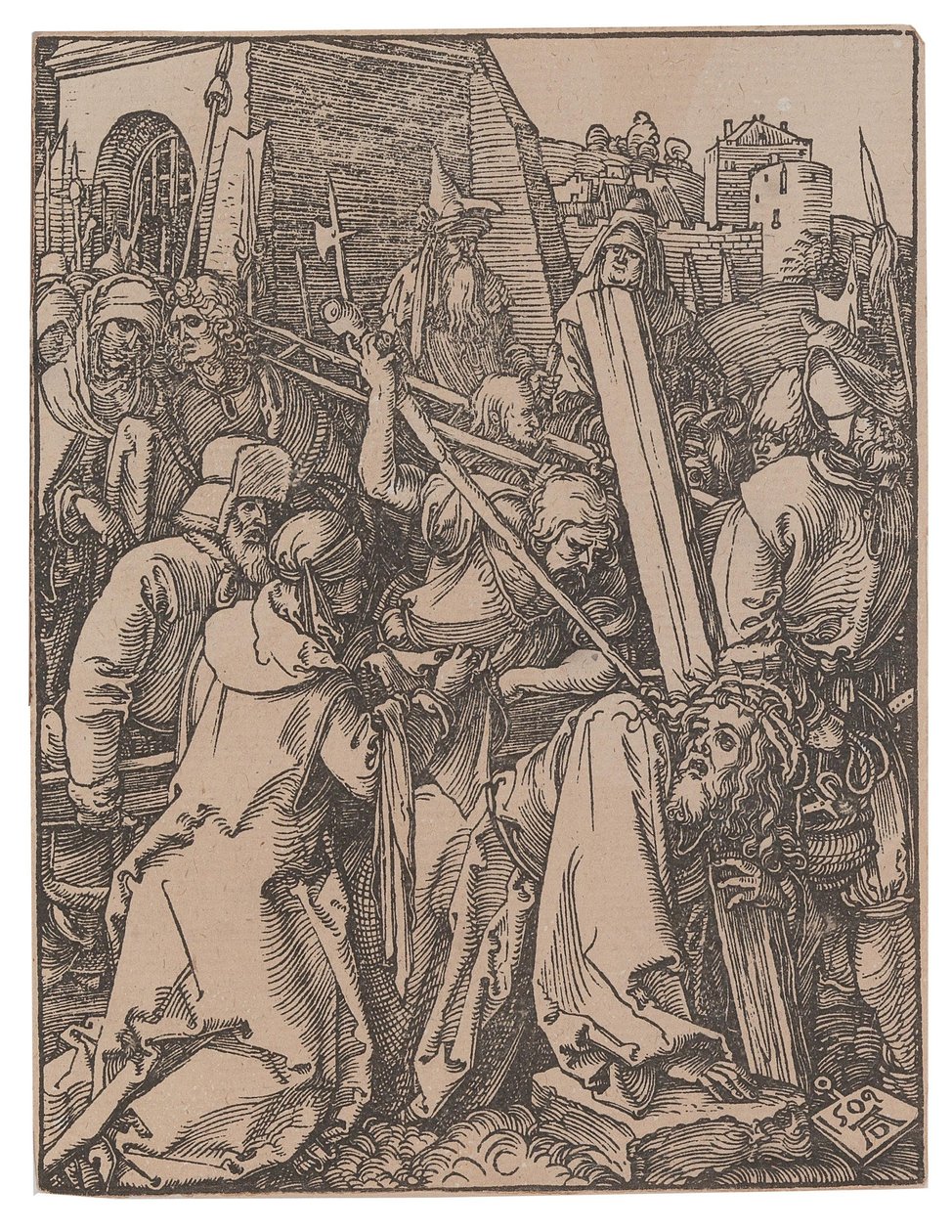 O Carregar da Cruz, da série A Pequena Paixão, 1509. de Albrecht Dürer