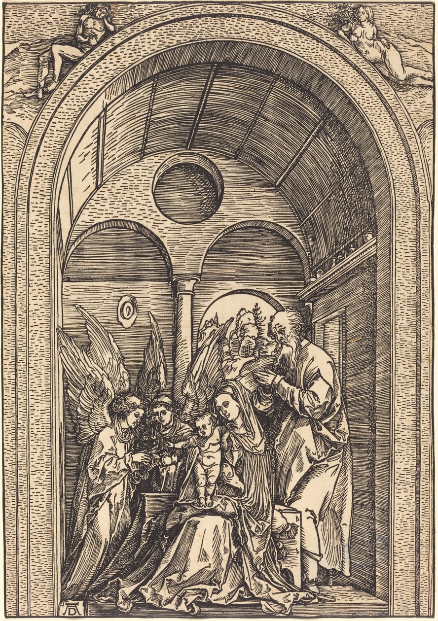 A Sagrada Família com dois anjos em um salão abobadado de Albrecht Dürer