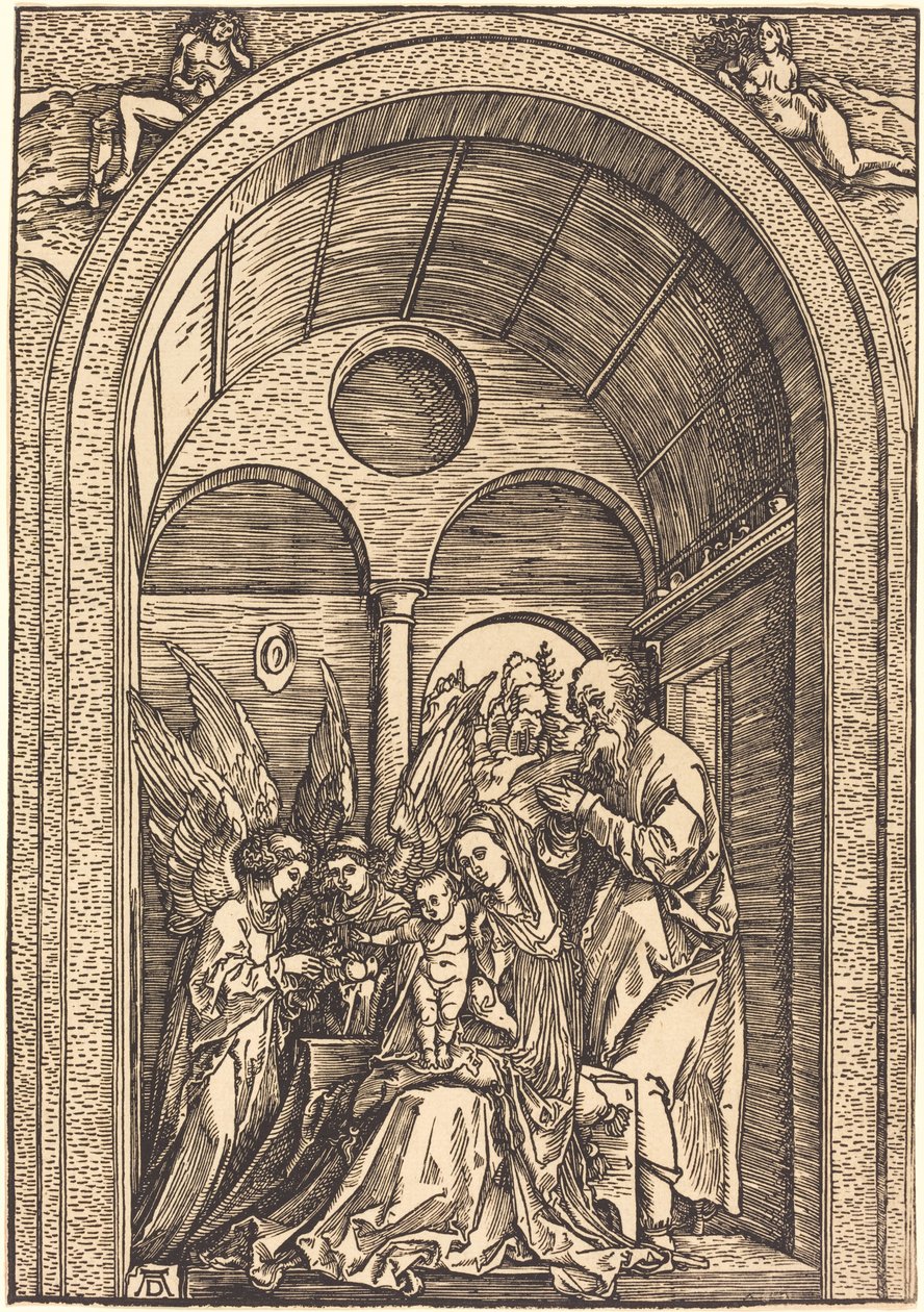 A Sagrada Família com dois anjos em um salão abobadado de Albrecht Dürer