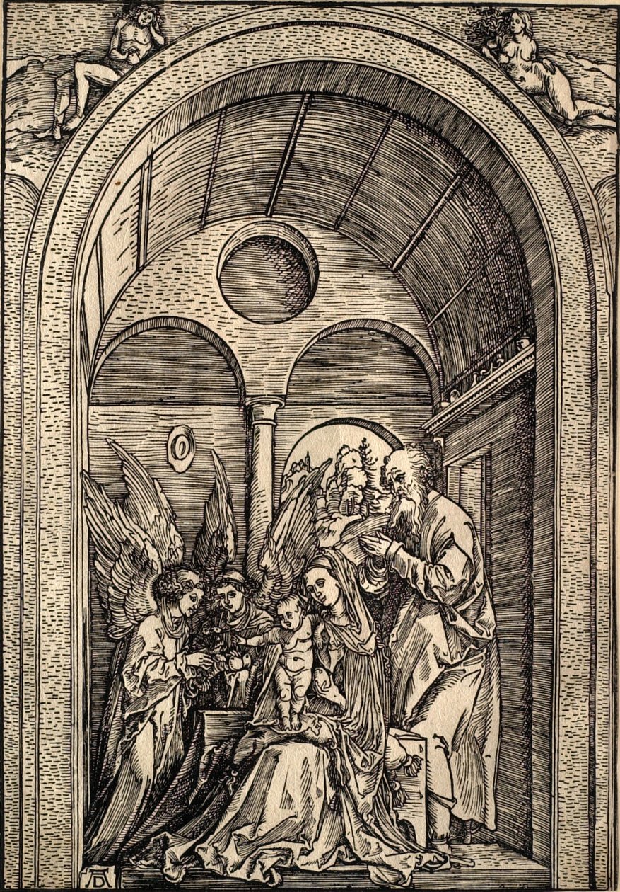 A Sagrada Família com dois anjos numa sala abobadada de Albrecht Dürer