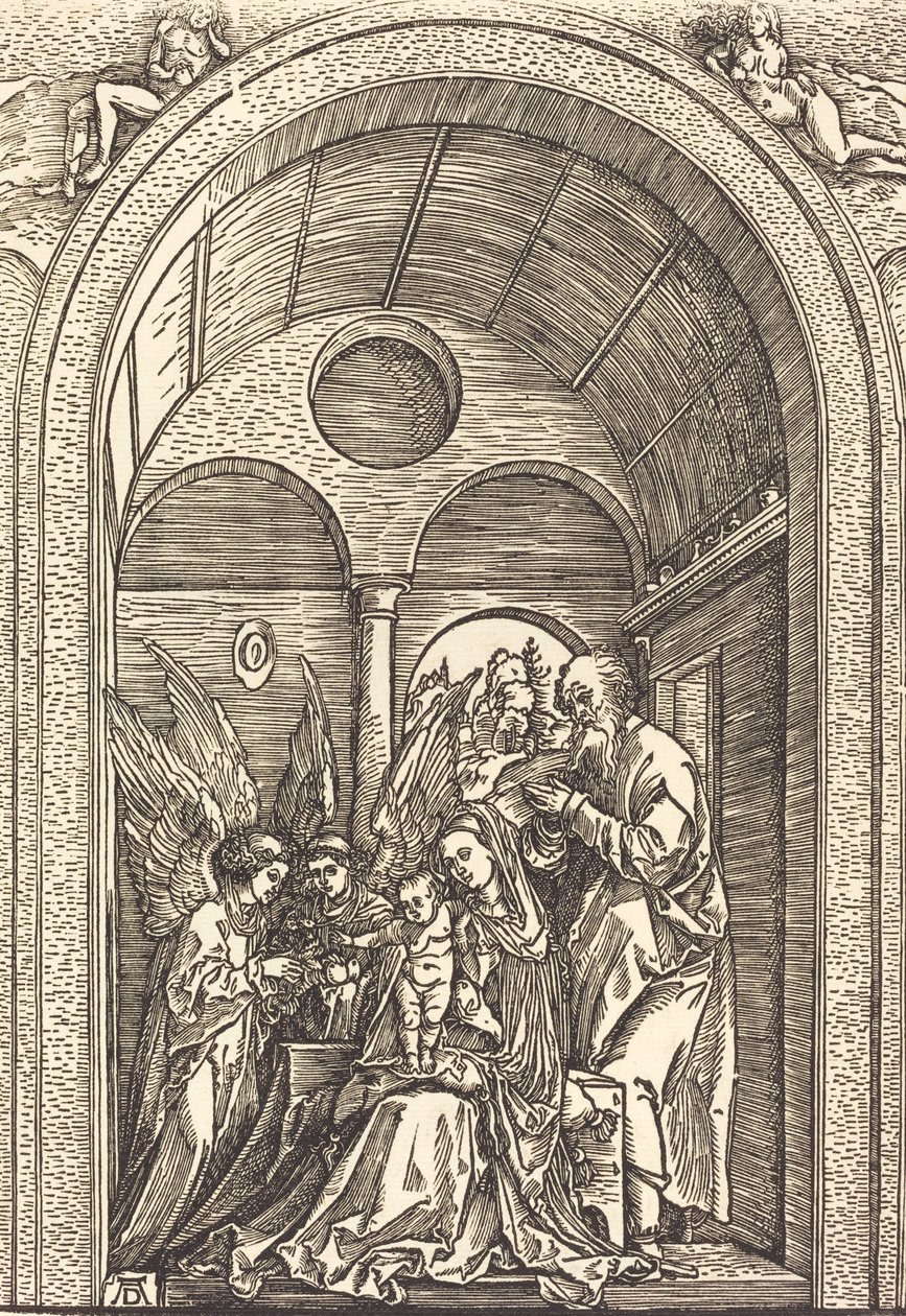 A Sagrada Família com dois anjos em um salão abobadado, c. 1504. de Albrecht Dürer