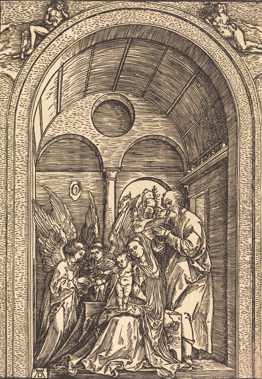 A Sagrada Família com dois anjos em um salão abobadado, c. 1504. de Albrecht Dürer