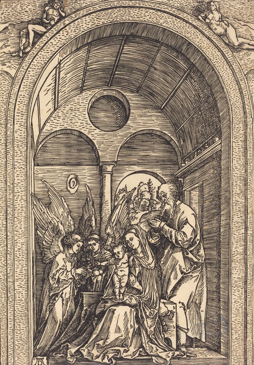 A Sagrada Família com dois anjos em um salão abobadado, c. 1504. de Albrecht Dürer
