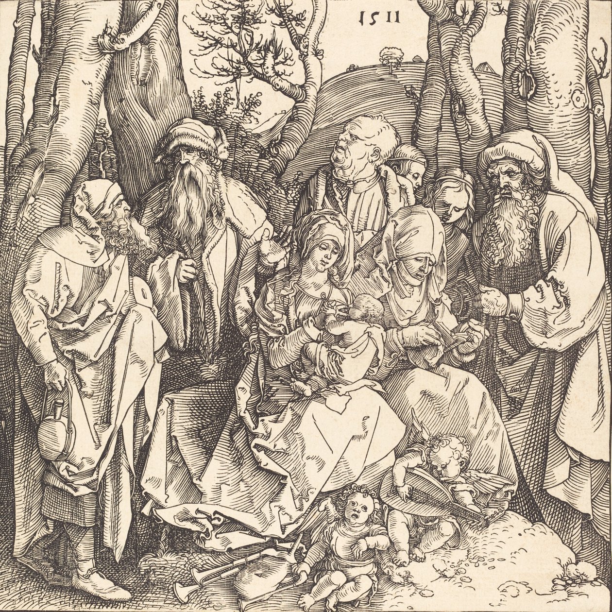A Sagrada Família com dois anjos que fazem música, 1511. de Albrecht Dürer