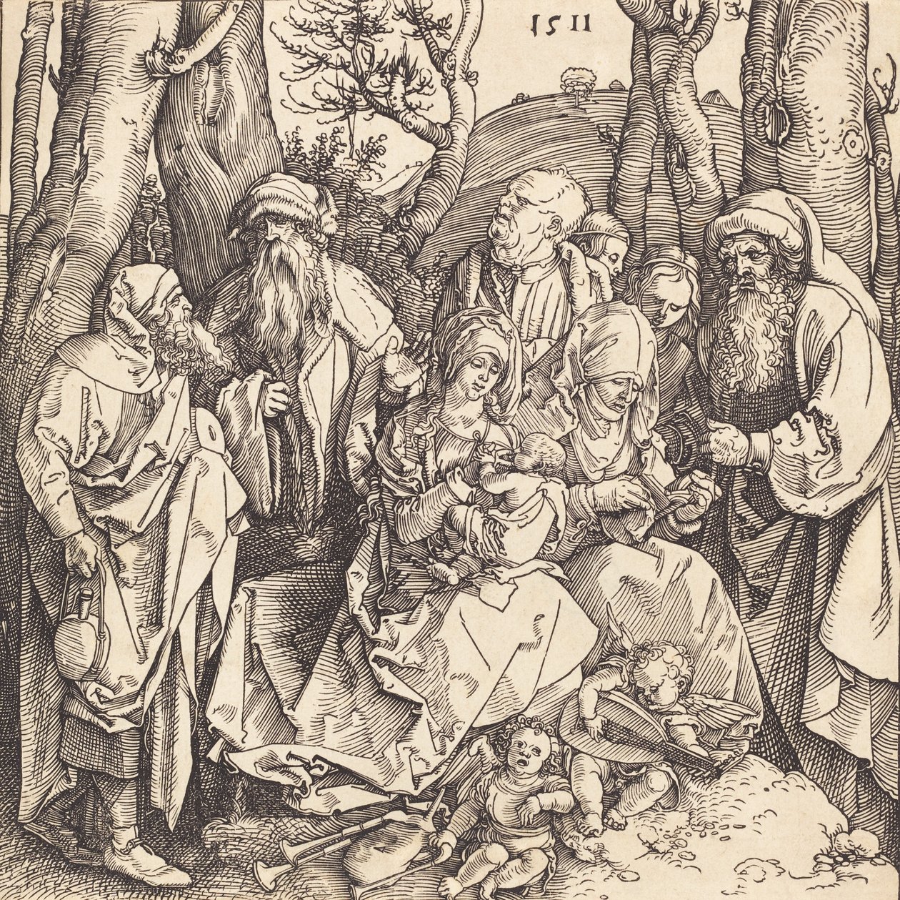 A Sagrada Família com dois anjos que fazem música, 1511. de Albrecht Dürer