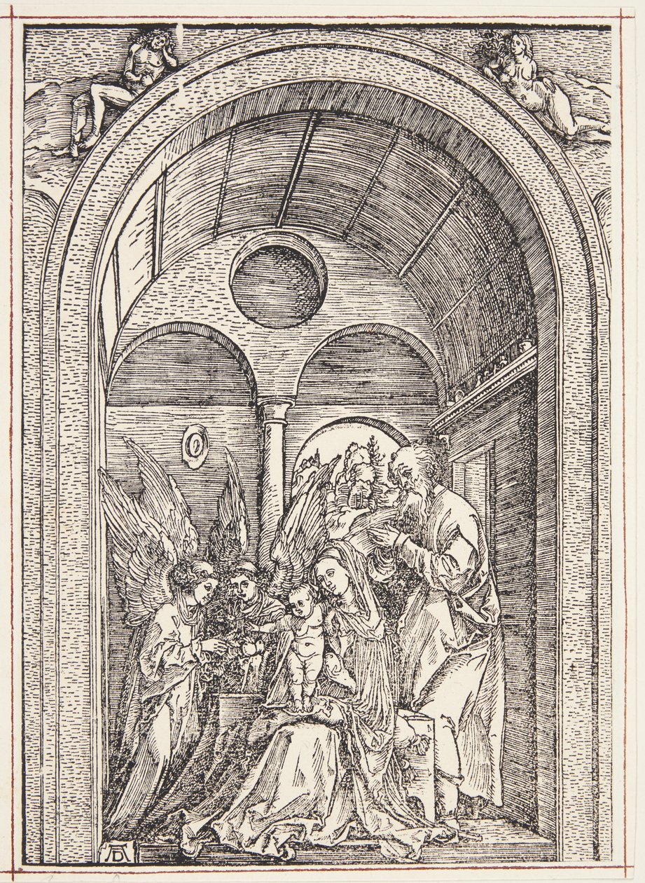 A Sagrada Família com dois anjos em um salão abobadado de Albrecht Dürer