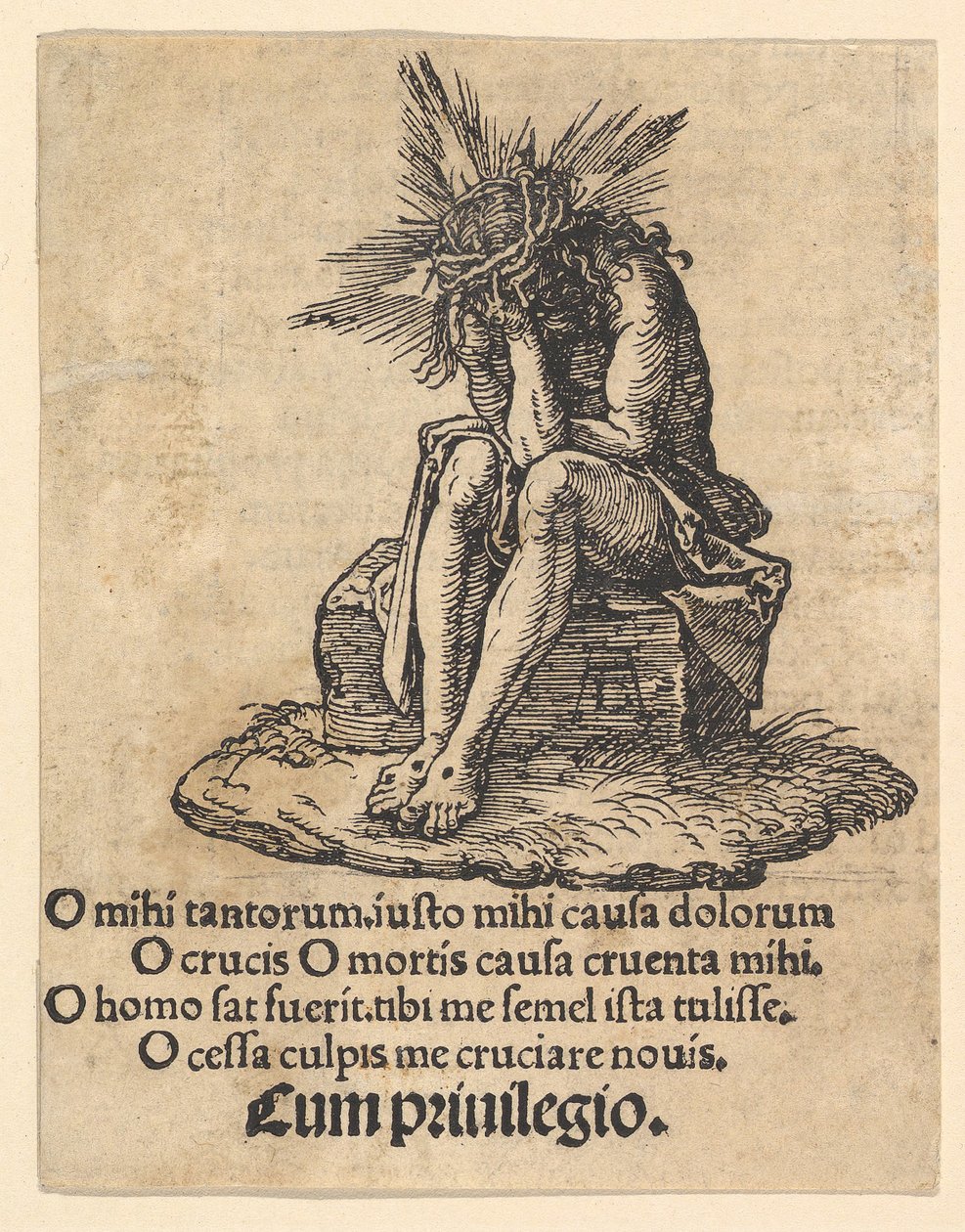 The Man of Sorrows Seated, página de título de The Small Passion, ca. 1511 de Albrecht Dürer