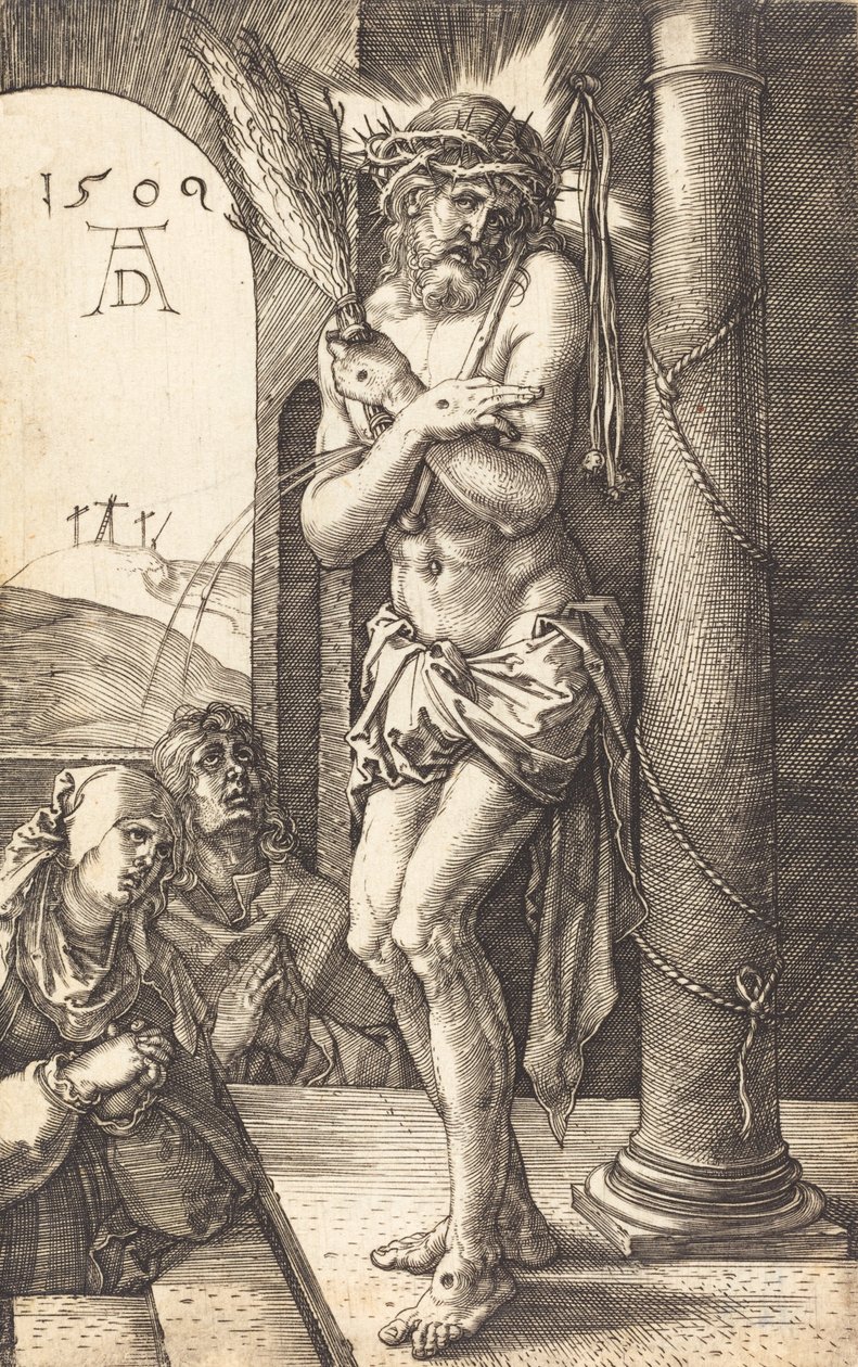 O homem das dores em pé junto à coluna, 1509. de Albrecht Dürer