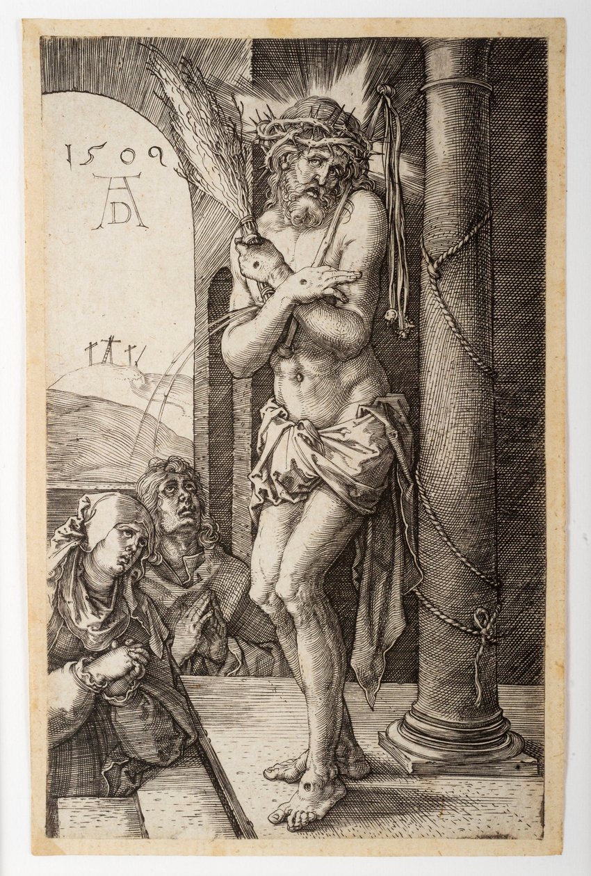 O Homem das Dores junto à coluna com a Virgem e São João, da "Paixão Gravada" de Albrecht Dürer