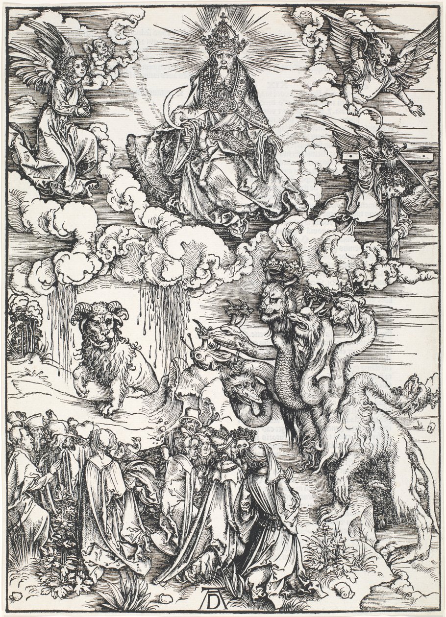 A Besta de Sete Cabeças e a Besta com Chifres de Cordeiros, de O Apocalipse de São João, 1496-98 de Albrecht Dürer