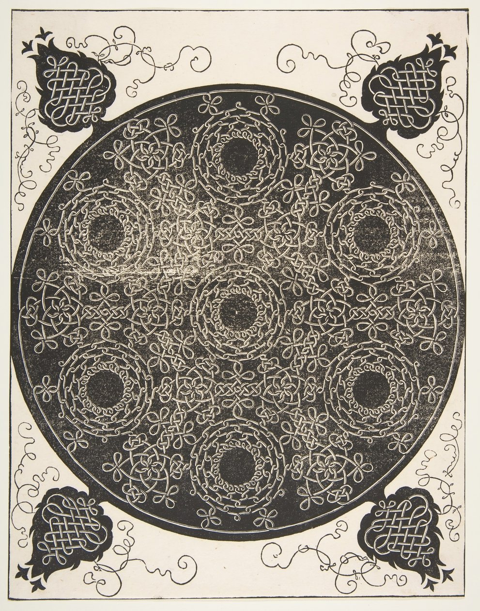 O sexto nó. Roundel entrelaçado com sete coroas de flores, 1521 antes. de Albrecht Dürer