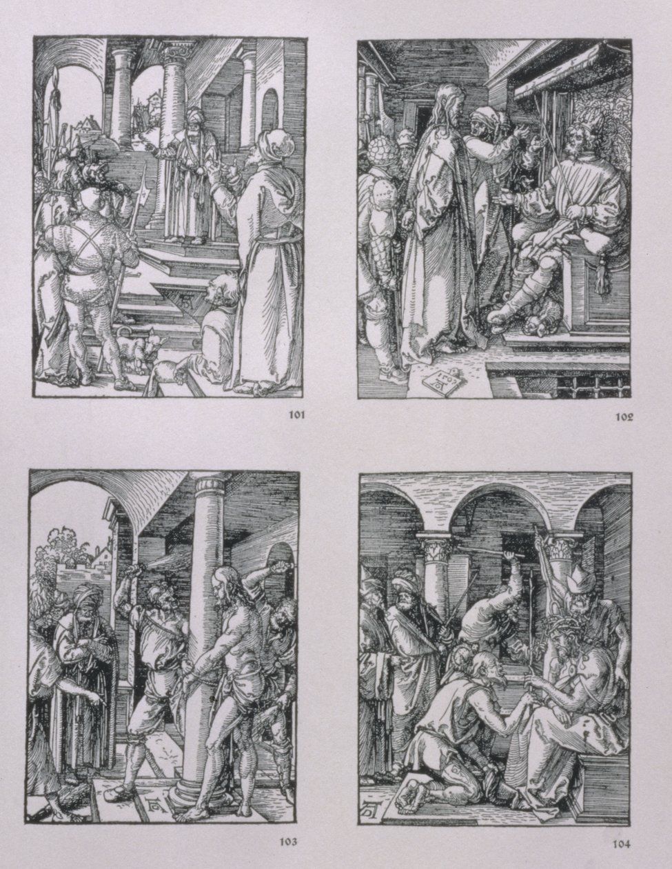 A série &39;Small Passion&39; (no sentido horário): Cristo antes de Pilatos; Cristo diante de Herodes; Flagelação; Coroação de espinhos, pub. 1511 de Albrecht Dürer