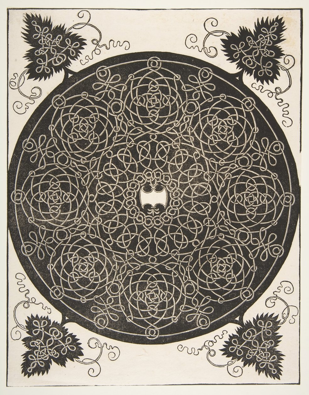 O terceiro nó. Roundel entrelaçado com oito grinaldas e um escudo recortado em i ..., 1521 antes. de Albrecht Dürer