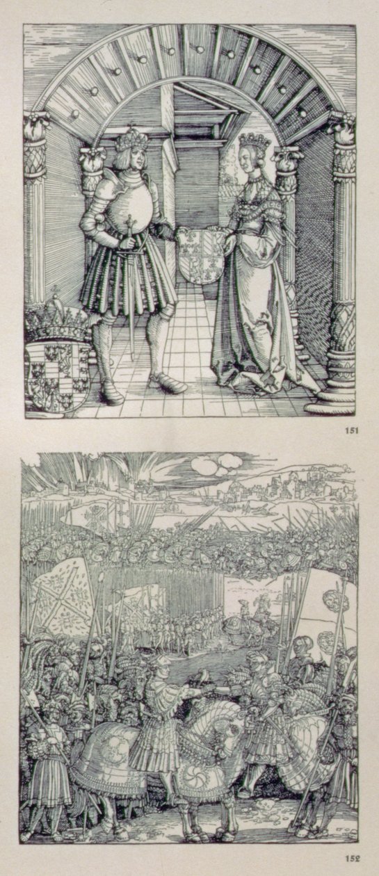 O Arco do Triunfo do imperador Maximiliano I da Alemanha (1459-1519): detalhe mostrando dois painéis colocados acima do portal da esquerda representando (em cima) Maximiliano I e sua primeira esposa Maria da Borgonha (1457-82) de Albrecht Dürer