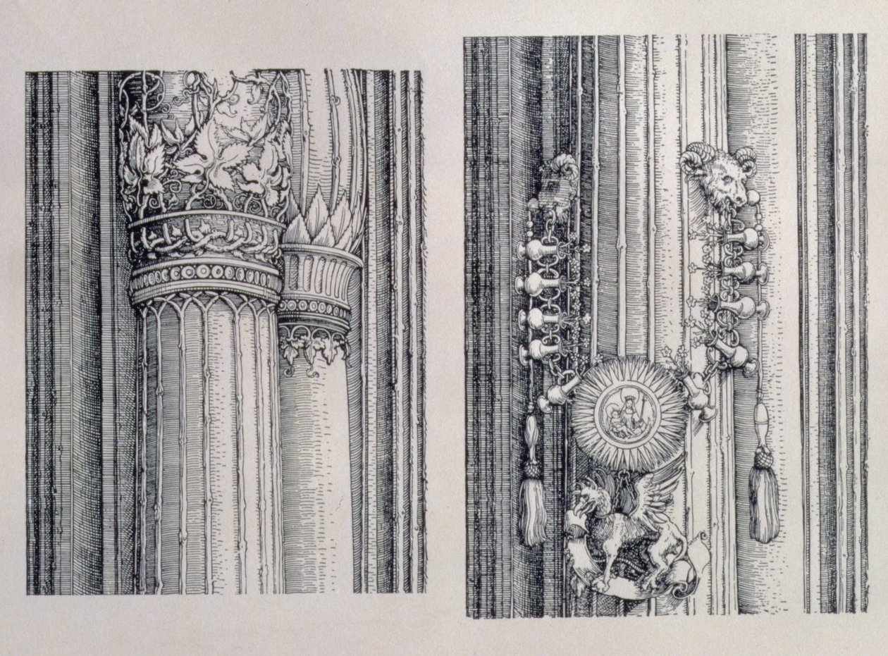 O Arco do Triunfo do Imperador Maximiliano I da Alemanha (1459-1519): dois detalhes das Portas centrais de Honra e Poder mostrando coluna à esquerda e enfeites de capital, datados de 1515, pub. 151718 (wo de Albrecht Dürer