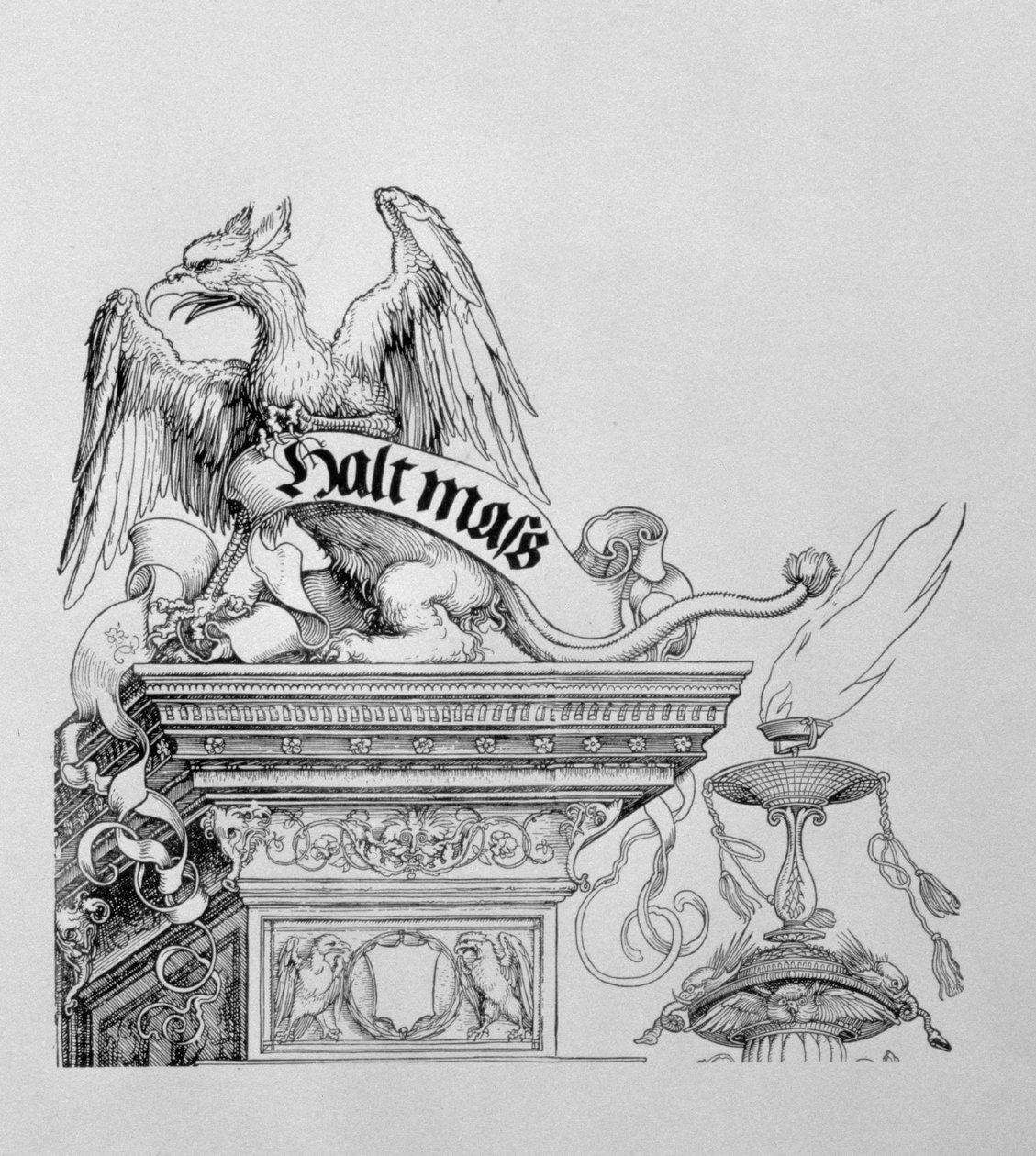 O arco triunfal do Imperador Maximiliano I da Alemanha 1459-1519: detalhe de um grifo alado segurando um pergaminho, pub. 151718 xilogravura de Albrecht Dürer