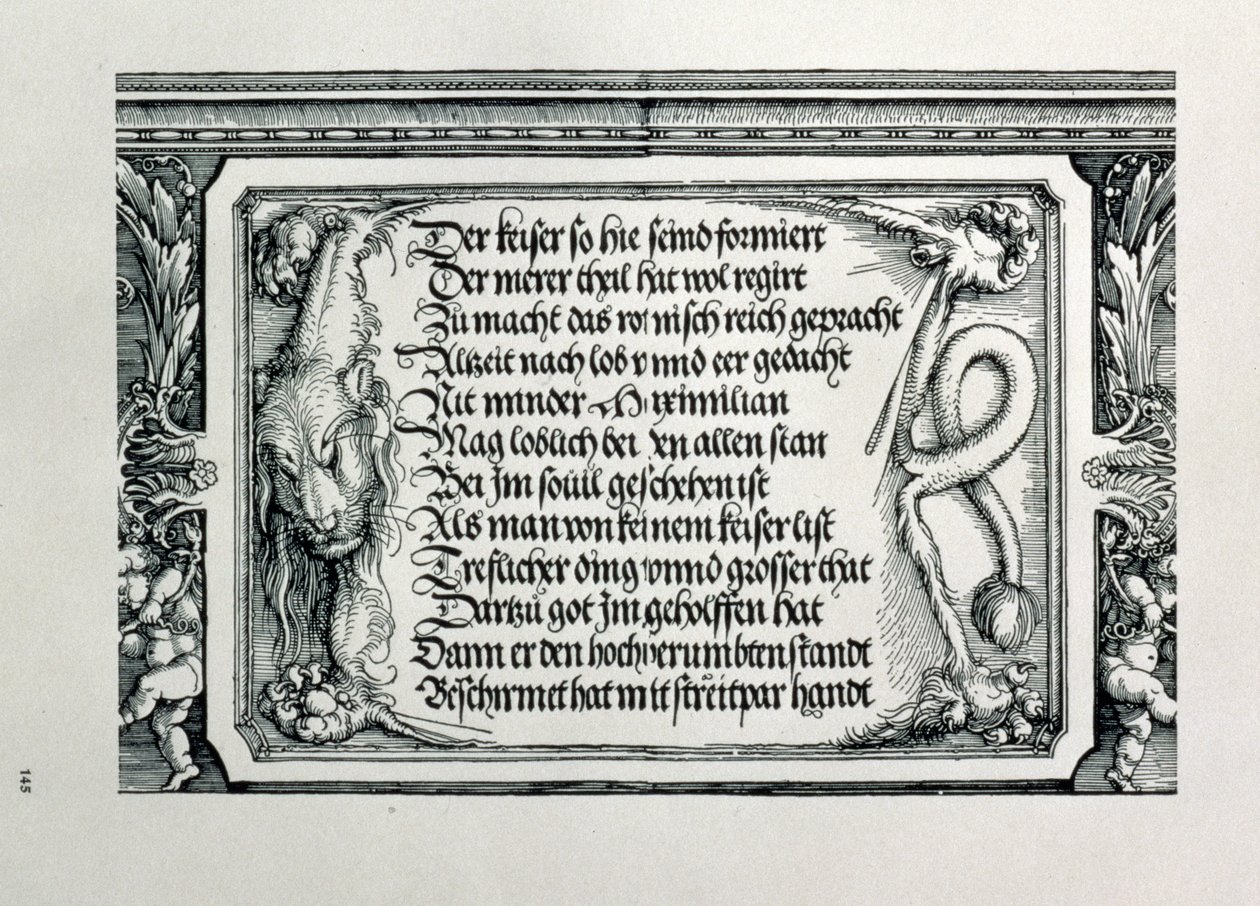 O Arco do Triunfo do imperador Maximiliano I da Alemanha 1459-1519: detalhe do esquema decorativo mostrando uma pele de leão com uma inscrição elogiando as conexões da família dos imperadores, pub. 151718 xilogravura de Albrecht Dürer