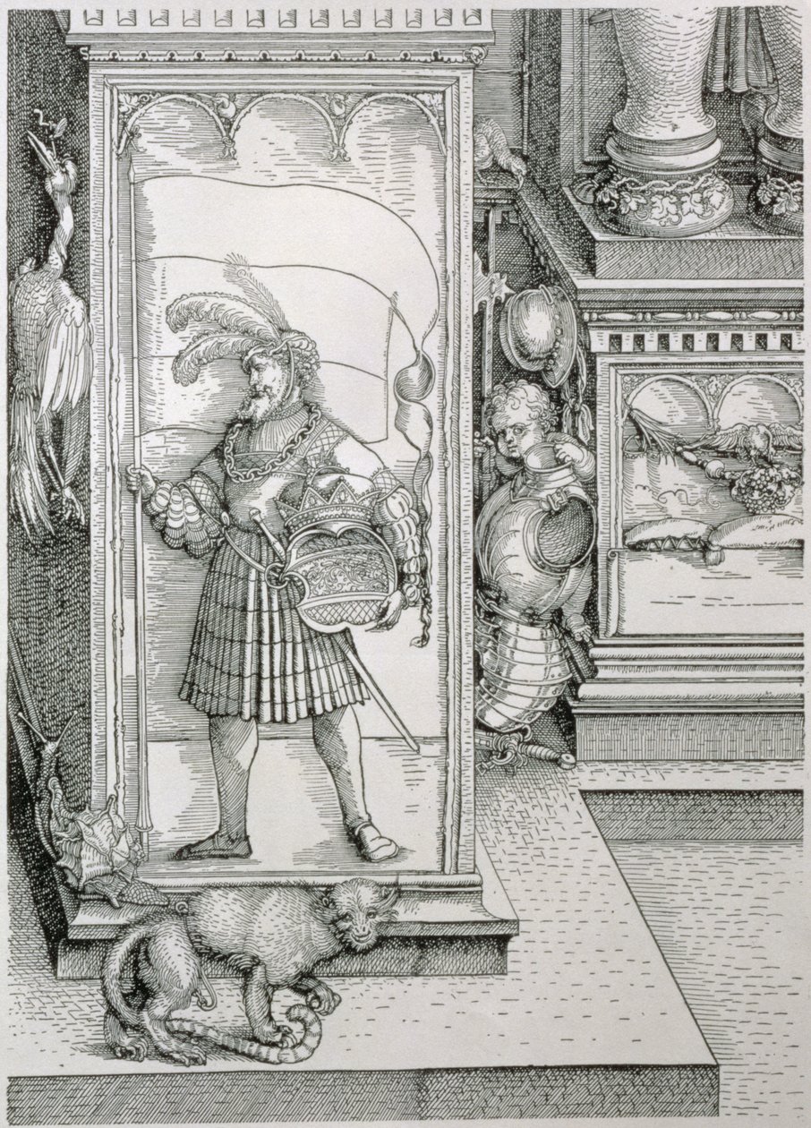 O Arco do Triunfo do imperador Maximiliano I da Alemanha 1459-1519: detalhe da base da coluna do portal com um relevo esculpido de uma figura masculina carregando um padrão e um brasão coroado, pub. 151718 woodc de Albrecht Dürer
