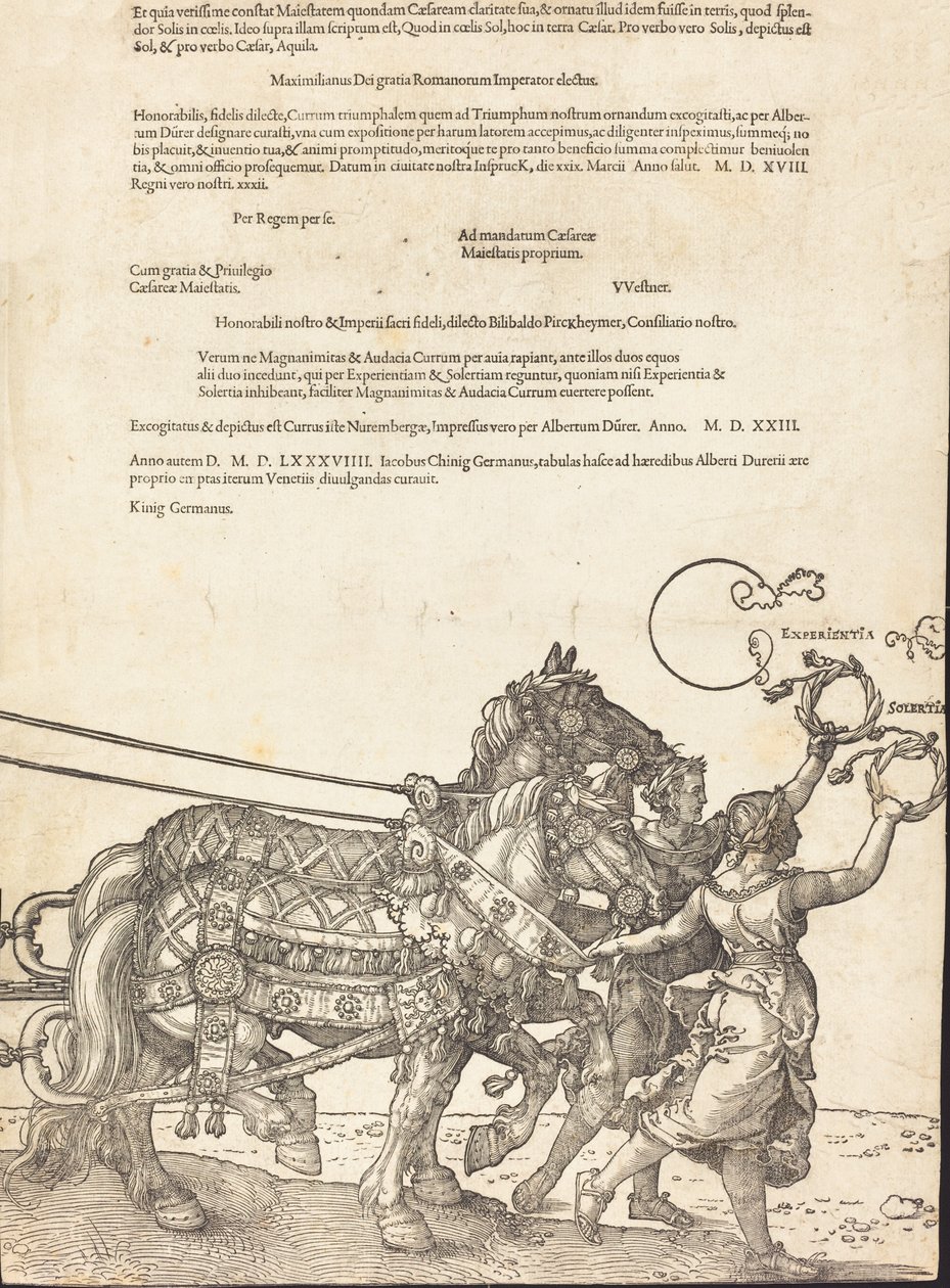 A Carruagem Triunfal de Maximiliano I O Grande Carro Triunfal [placa 8 de 8], 1523 Latin ed.. de Albrecht Dürer