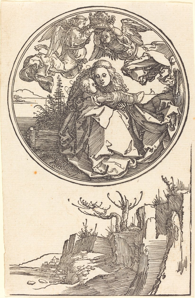 A Virgem coroada por dois anjos sobre uma paisagem de Albrecht Dürer