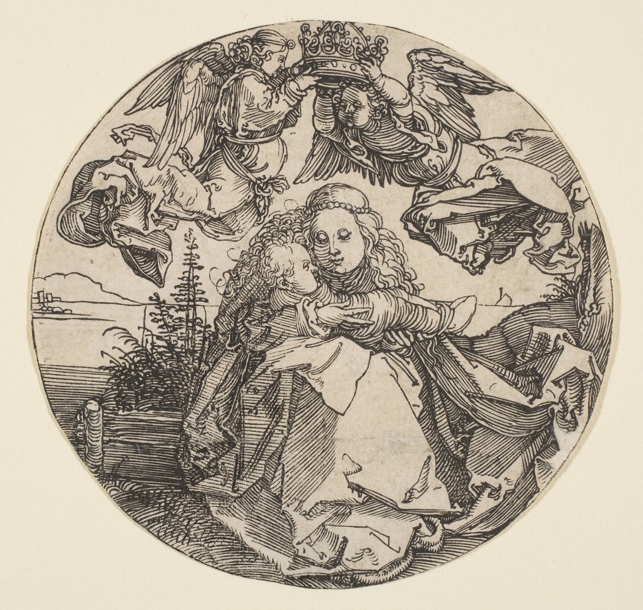 A Virgem e o Menino, coroados por dois anjos, acima de uma paisagem recortada, ca. 1504 de Albrecht Dürer