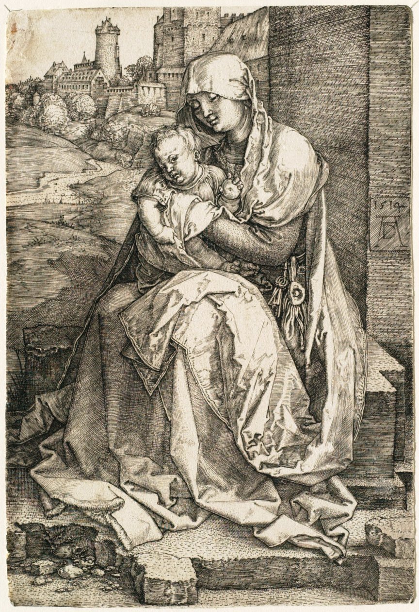 A Virgem e o Menino sentados junto ao muro de Albrecht Dürer