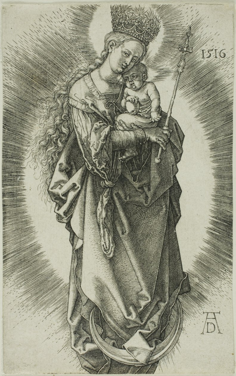 A Virgem em um crescente com uma coroa de estrelas e um cetro de Albrecht Dürer