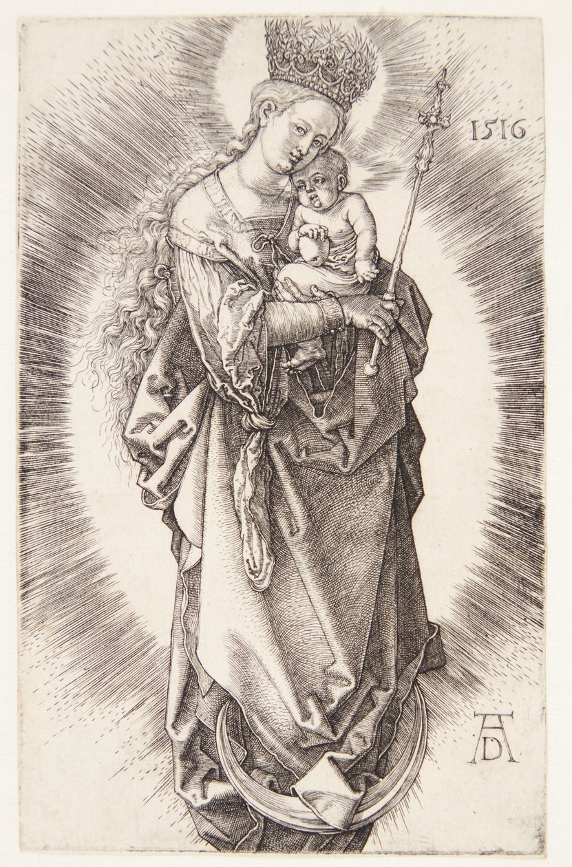 A Virgem em um crescente com uma coroa de estrelas e um cetro de Albrecht Dürer