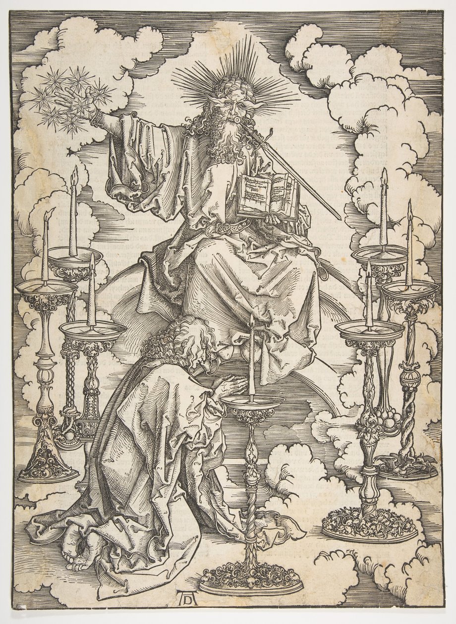 A Visão dos Sete Castiçais, de O Apocalipse, Edição Alemã 1498, ca. 1498. de Albrecht Dürer