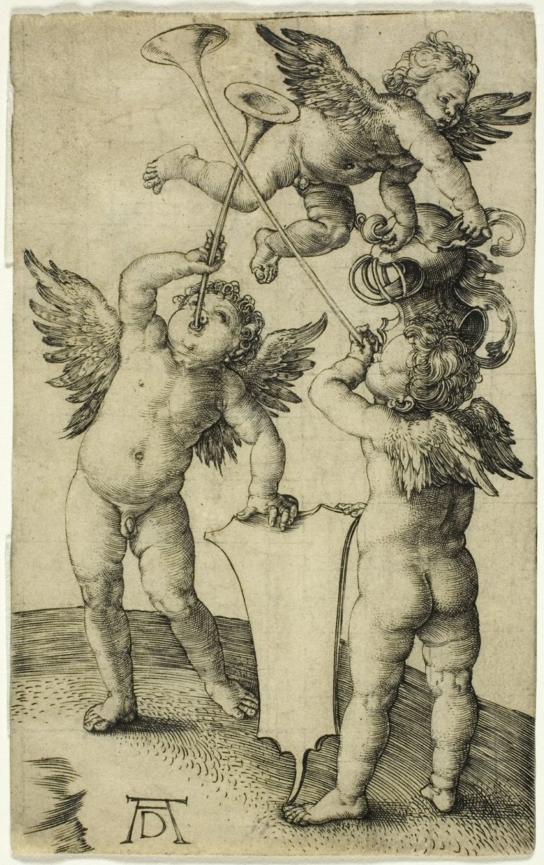 Três Putti com escudo e capacete de Albrecht Dürer