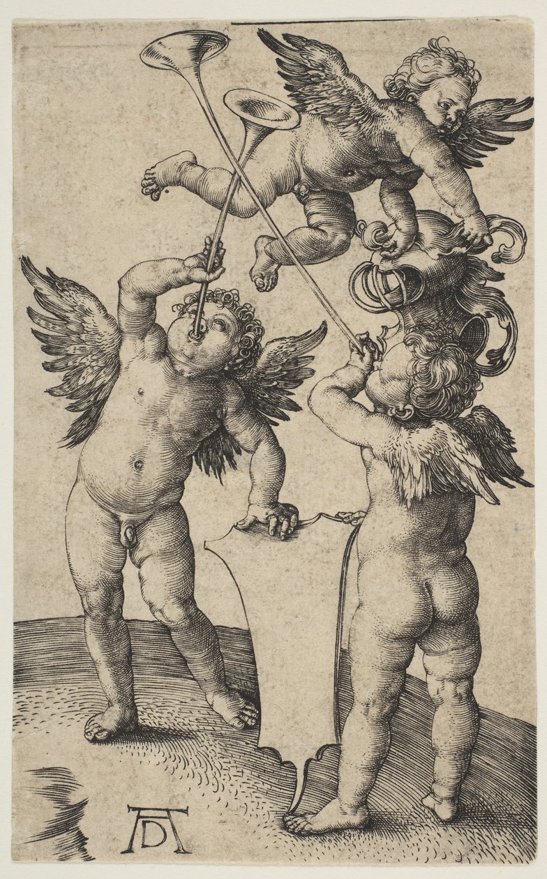 Três Putti com trompetes, ca. 1500. de Albrecht Dürer