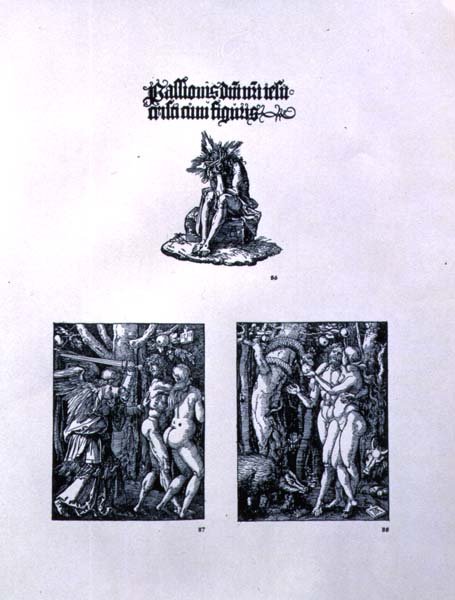 Três páginas da série Small Passion: (top) titlepage com Cristo como o Homem das Dores e uma inscrição latina; (esquerda) A Expulsão do Paraíso; (direita) Adão e Eva, pub. 1511 de Albrecht Dürer