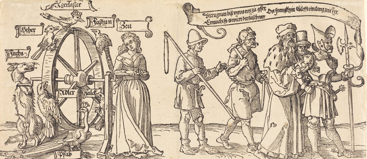 Tempo e uma raposa girando a roda da fortuna com pessoas de todas as classes à direita, provavelmente 1526. de Albrecht Dürer