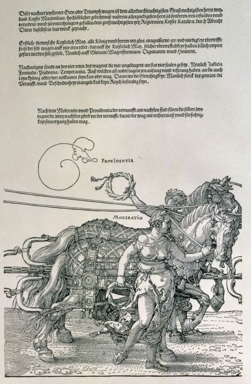 Carruagem Triunfal do Imperador Maximiliano I da Alemanha (1459-1519): detalhe das equipes de cavalos, guiadas por duas Virtudes, Providência e Moderação, pub. c.1518 (xilogravura) de Albrecht Dürer