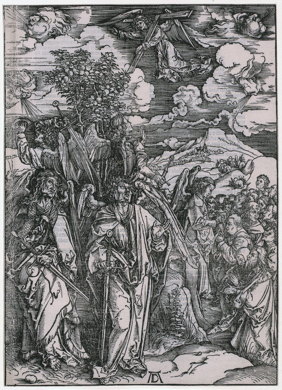 Quatro anjos a conter os ventos / O selamento dos eleitos, V. Figura, folha 7 da série «O Apocalipse» de Albrecht Dürer