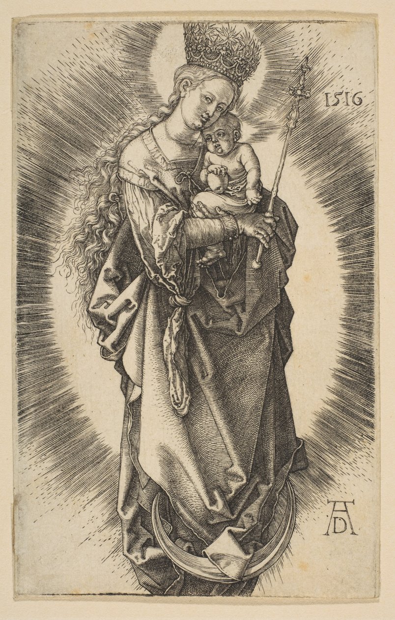 Virgem sobre o crescente lunar com ceptro e coroa estrelada de Albrecht Dürer