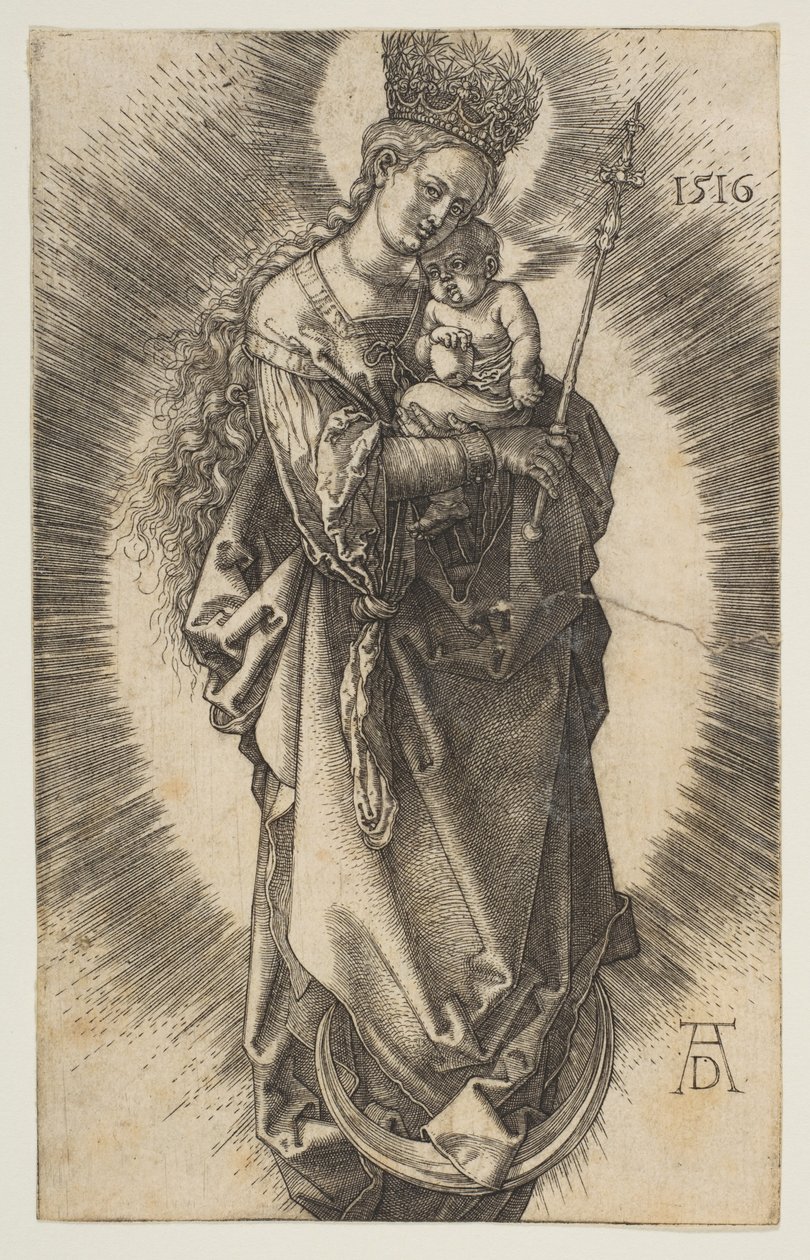 Virgem sobre a lua crescente com ceptro e coroa estrelada de Albrecht Dürer