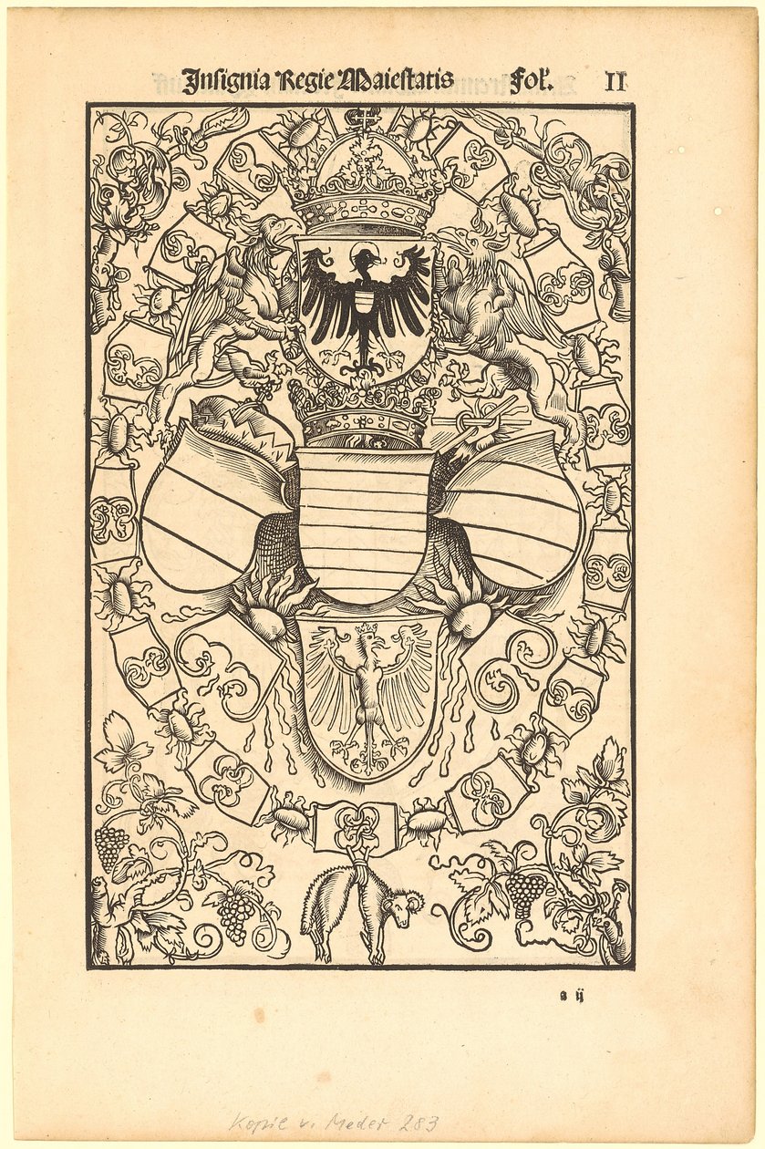 Brasão de Maximiliano I como rei romano [recto]; brasão de Florian Waldauf (Waldauff) de Waldenstein [verso] de Albrecht Dürer
