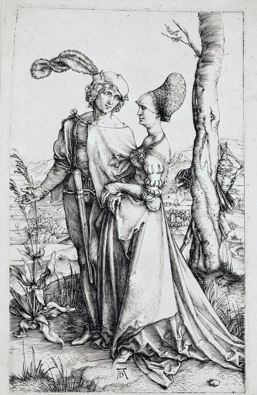 Um casal caminhando, observado pela Morte escondido atrás de uma árvore, segurando uma ampulheta). Gravura de Albrecht Durer (1471-1528) 1496-1498 Dim. 19x12 cm Berlim, gabinete de gravura de Albrecht Dürer