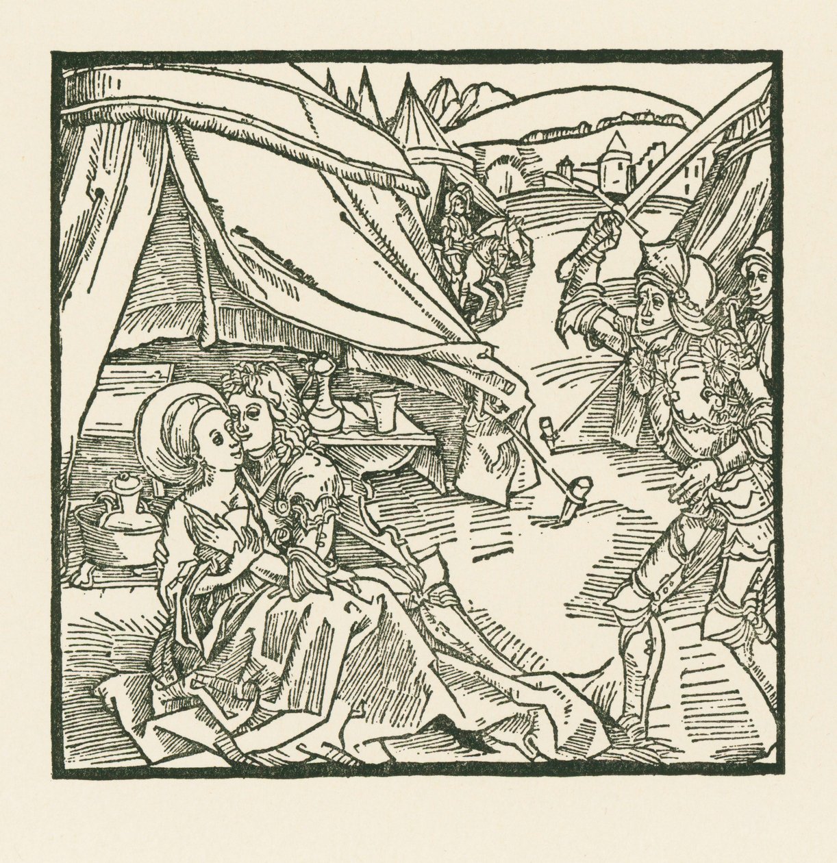Um cavaleiro do exército israelita mata outro cavaleiro que encontra com uma amante pagã de Albrecht Dürer or Duerer