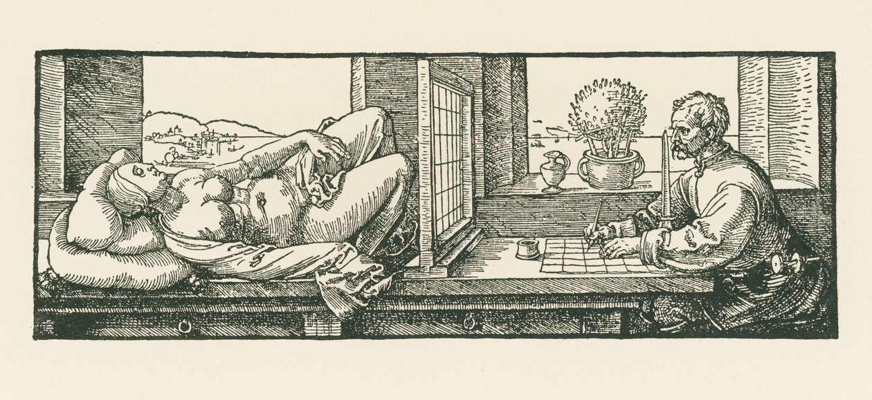 Um homem a desenhar uma mulher reclinada de Albrecht Dürer or Duerer