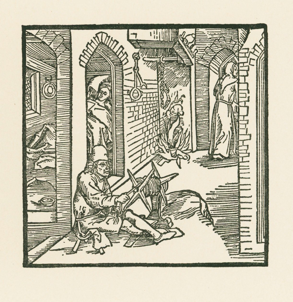 Um fabricante de cordas vê um monge a sair do quarto da sua esposa infiel de Albrecht Dürer or Duerer