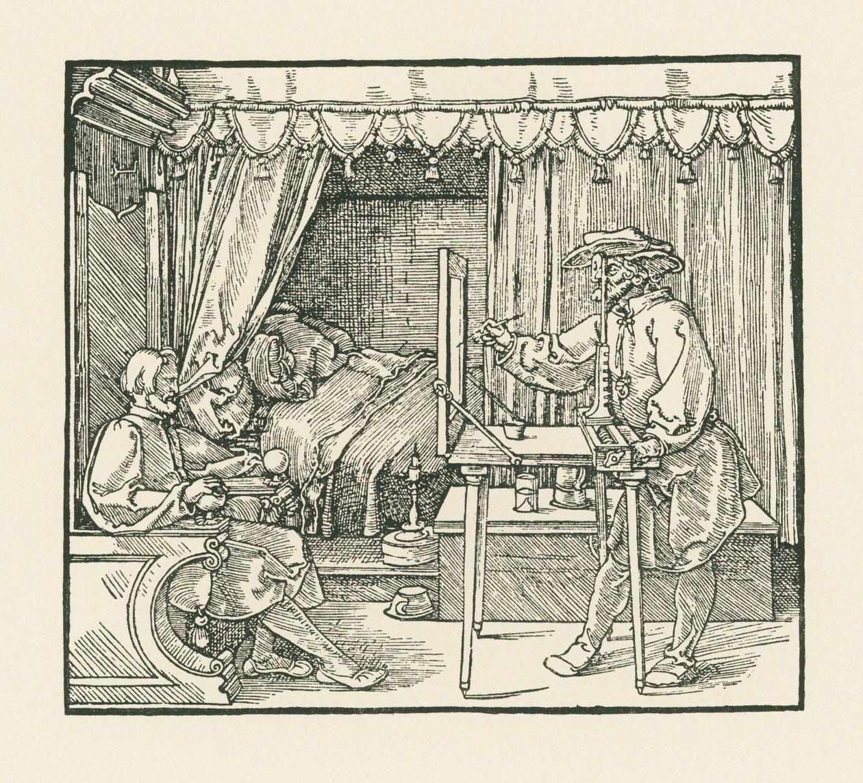 Um artista a desenhar um homem sentado num plano de vidro através de um visor de Albrecht Dürer or Duerer