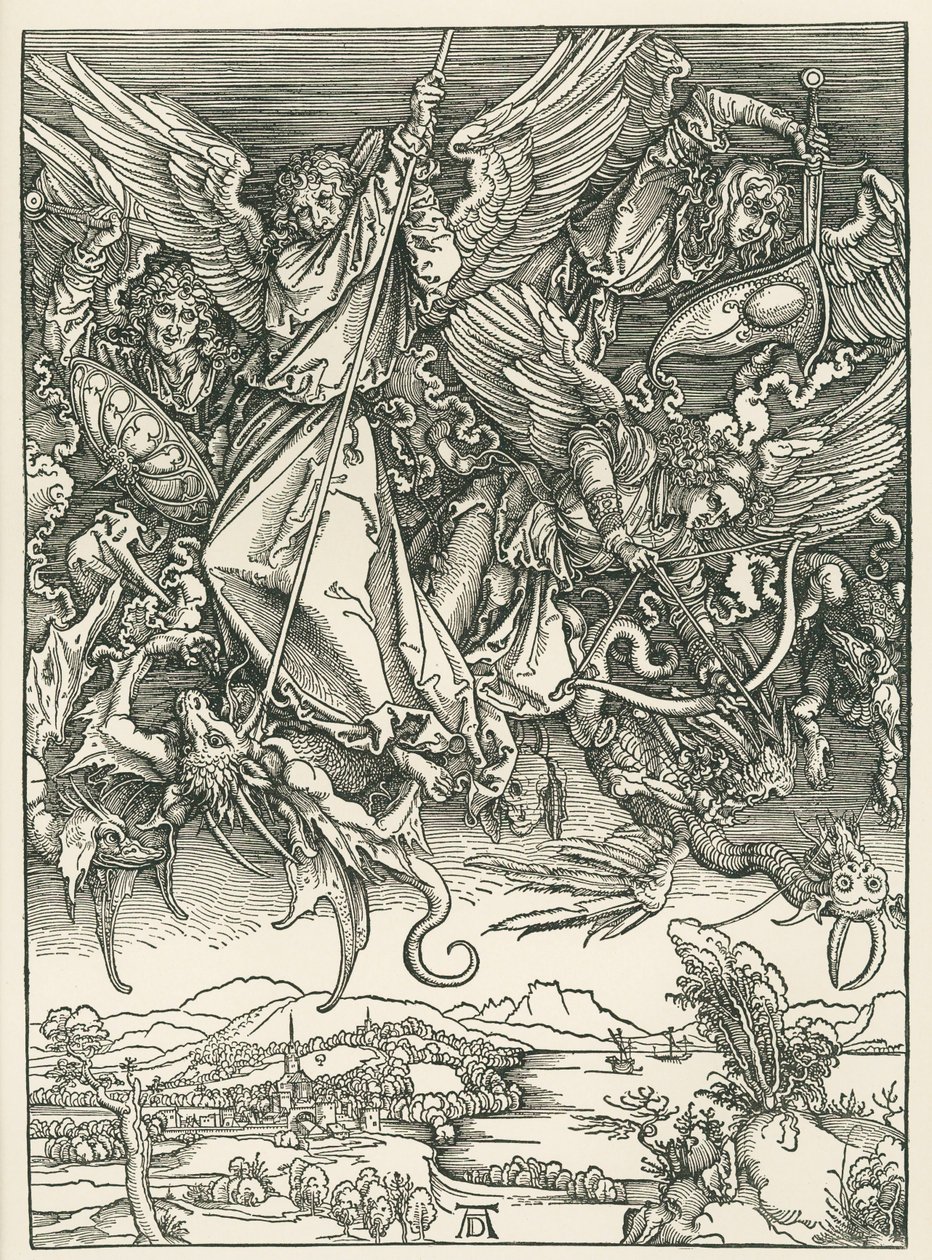 Arcanjo Miguel lutando contra o Dragão. O Apocalipse de São João, c.1498 (xilogravura) de Albrecht Dürer or Duerer