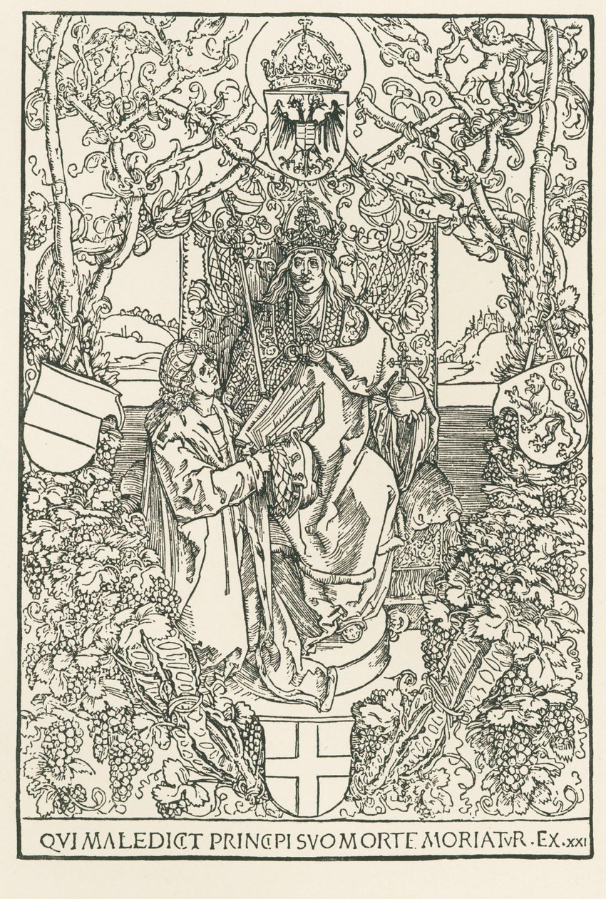Celtes apresenta a sua obra ao Imperador Maximiliano, impresso para a Sodalitas Celtica, Nuremberga de Albrecht Dürer or Duerer