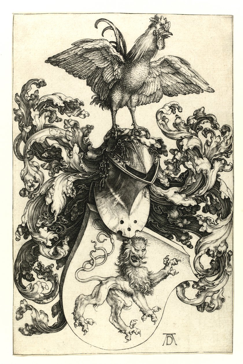Brasão de armas com leão e galo. 1502-03 de Albrecht Dürer