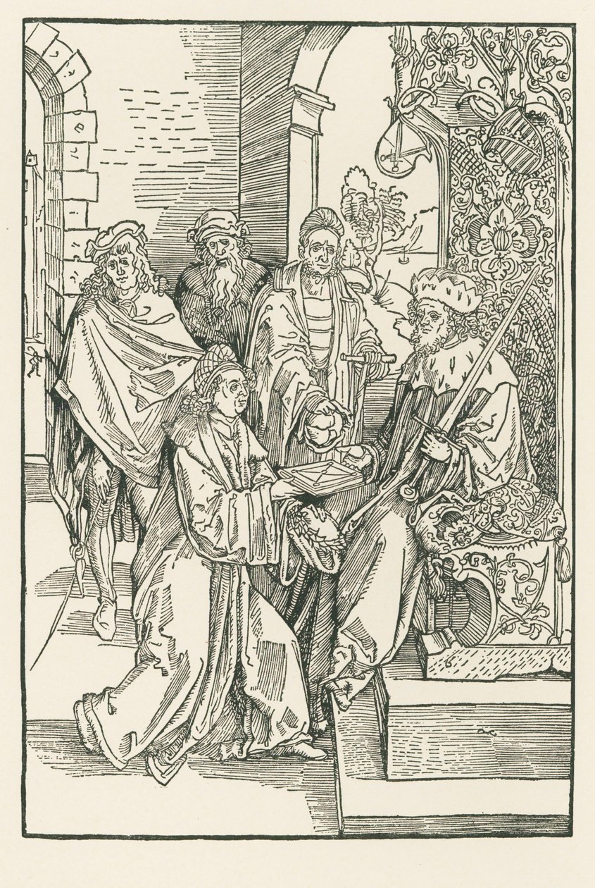 Conrado Celtes entrega a sua edição das Comédias de Roswitha ao Eleitor Frederico da Saxónia de Albrecht Dürer or Duerer
