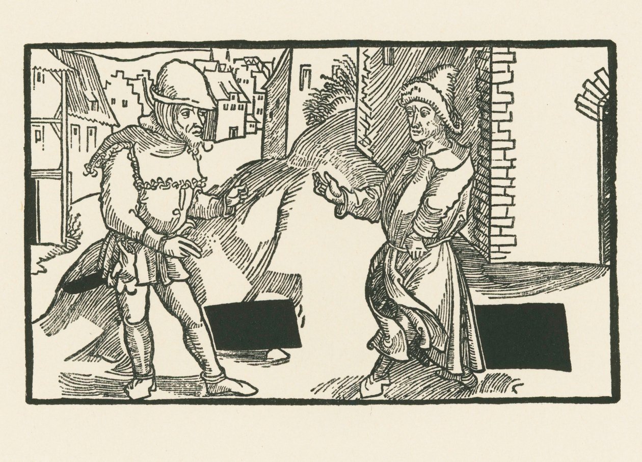Demea e Micio, c.1492-93 (xilogravura) de Albrecht Dürer or Duerer