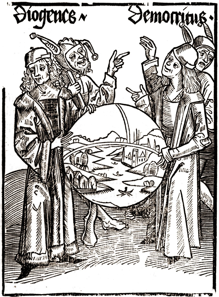 Diogenes (-413 - - -327) e Democritus (-460 - -370) - em "Das Narrenschif (Le bateau des fools)" de Sébastien Brandt (1458 - 1521). Gravação. de Albrecht Dürer